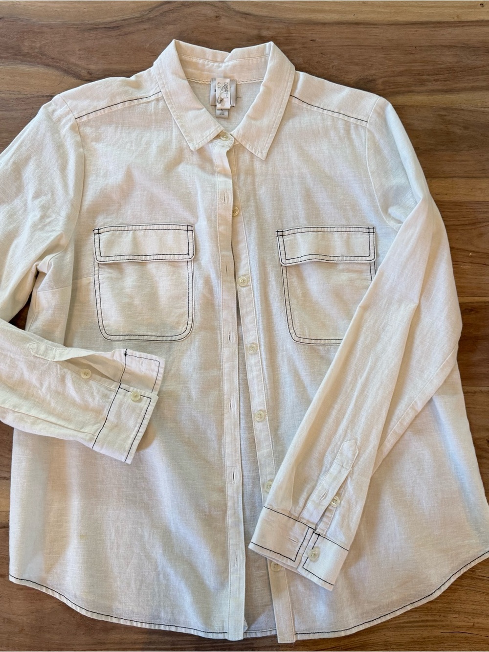 Maeve Cream Button-Down Shirt with Contrast Stitching